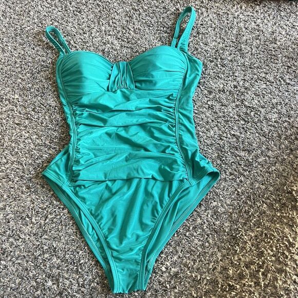La Blanca Sz 8 One piece Swimsuit Ruched Front Sweetheart Neck Bra Green Emerald - Picture 1 of 5